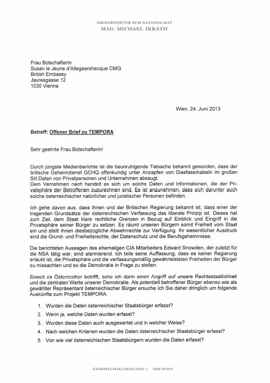 Ikrath Brief an die Britische Botschafterin 1